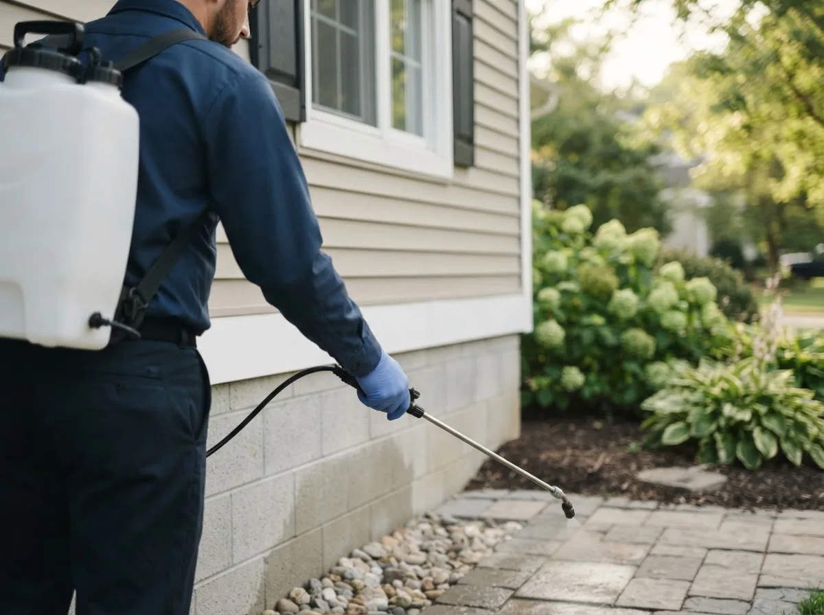 Pest control technician inspecting a home in Wallace, WV